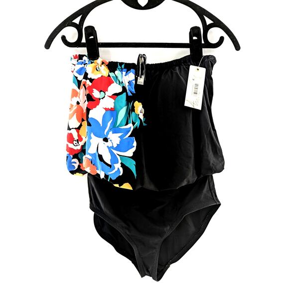Anne Cole Strapless Floral One-Piece Swimsuit Women’s Black Swimwear - Picture 2 of 11